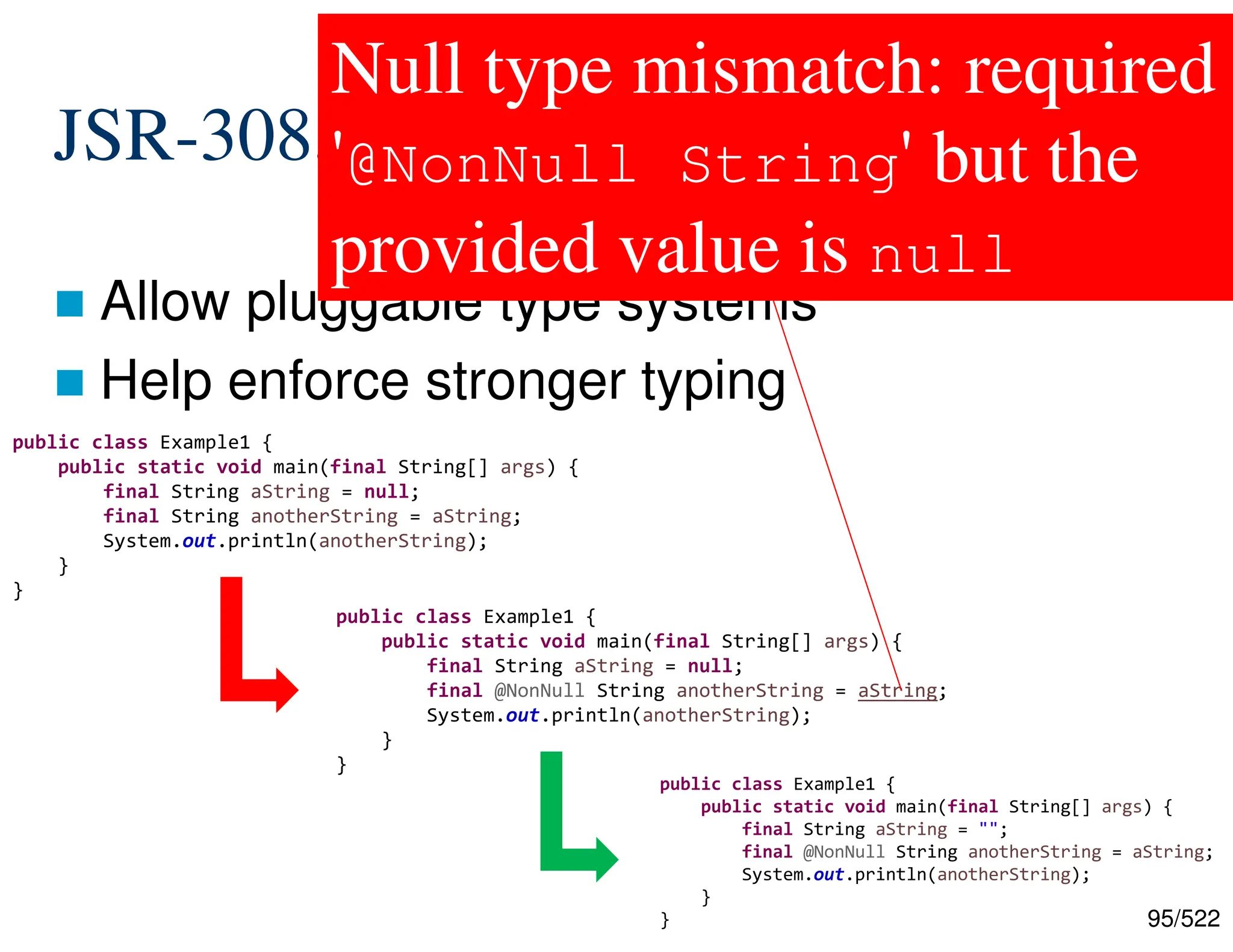 95/522 JSR-308, JEP-104: Type Annotations  Allow pluggable type systems  Help enforce stronger typing public class Example1 { public static void main(final String[] args) { final String aString = null; final String anotherString = aString; System.out.println(anotherString); } } public class Example1 { public static void main(final String[] args) { final String aString = null; final @NonNull String anotherString = aString; System.out.println(anotherString); } } public class Example1 { public static void main(final String[] args) { final String aString = ""; final @NonNull String anotherString = aString; System.out.println(anotherString); } } Null type mismatch: required '@NonNull String' but the provided value is null 