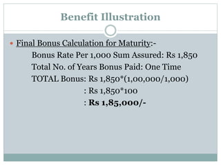 Benefit Illustration 
 Final Bonus Calculation for Maturity:- 
Bonus Rate Per 1,000 Sum Assured: Rs 1,850 
Total No. of Years Bonus Paid: One Time 
TOTAL Bonus: Rs 1,850*(1,00,000/1,000) 
: Rs 1,850*100 
: Rs 1,85,000/- 
 