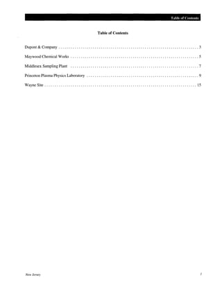 Table of Contents
Table of Contents
Dupont & Company ...................................................................... 3
Maywood Chemical Works ................................................................ 5
Middlesex Sampling Plant ................................................................ 7
Princeton Plasma Physics Laboratory ........................................................ 9
Wayne Site ............................................................................ 15
New Jersey 1
 