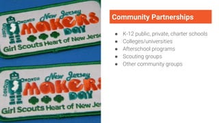 Community Partnerships
● K-12 public, private, charter schools
● Colleges/universities
● Afterschool programs
● Scouting groups
● Other community groups
 