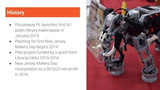History
● Piscataway PL launches first NJ
public library makerspace in
January 2013
● Planning for first New Jersey
Makers Day begins 2014
● Pilot project funded by a grant from
LibraryLinkNJ 2015-2016
● New Jersey Makers Day
incorporated as a 501(c)3 non-profit
in 2016
 