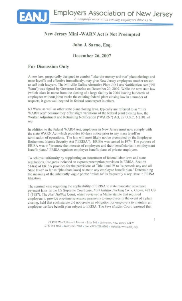 New Jersey MiniWARN Act is Not Preempted, December 26, 2007