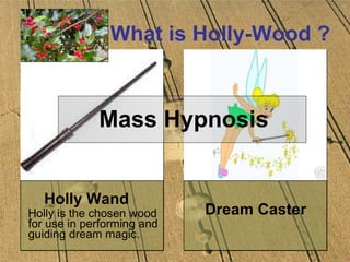What is Holly-Wood ? Holly Wand   Holly is the chosen wood for use in performing and guiding dream magic.   Dream Caster   Mass Hypnosis 