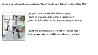 „Arbeit wird in Zukunft zu gestaltbarem Raum!“ (Studie vom Zukunftsinstitut, März 2012)




                          _Es gibt unterschiedliche Arbeitertypen
                          _Bisherige Gegensätze werden fusionieren
                          _Von der Jobsuche hin zur eigenen Jobgestaltung



                          Fazit: Wir deﬁnieren unsere Arbeit immer mehr
                          darüber Wo, Was und Wie wir arbeiten „wollen“.
 