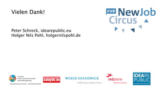 Vielen Dank!


  Peter Schreck, idearepublic.eu
  Holger Nils Pohl, holgernilspohl.de




Kompetenzzentrum Kultur- und Kreativwirtschaft
 