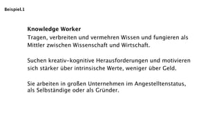 Beispiel.1



             Knowledge Worker
             Tragen, verbreiten und vermehren Wissen und fungieren als
             Mittler zwischen Wissenschaft und Wirtschaft.

             Suchen kreativ-kognitive Herausforderungen und motivieren
             sich stärker über intrinsische Werte, weniger über Geld.

             Sie arbeiten in großen Unternehmen im Angestelltenstatus,
             als Selbständige oder als Gründer.
 