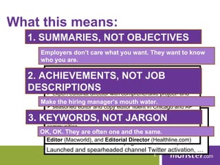 What this means:
  1. SUMMARIES, NOT OBJECTIVES
      Employers don’t care what you want. They want to know
      who you are.
        Melinda Malone
   2. ACHIEVEMENTS, NOT JOBManager
       Professional Editor, Writer, and Content
       415/555-3434 / melindamalone@example.com
   DESCRIPTIONS with comprehensive project- and
        expert editorial director
       data-management skills
      Make the hiring manager’s mouth water.
        seasoned editor and copy editor fluent in Chicago and AP
       Senior Editor, Yahoo! Finance 8/2009 – present
        widely published and highly adaptable
   3. KEYWORDS, NOT JARGON
       SEO specialist and a proven builder of engaged
       Managed career-advice content, developing between 20
       communities
       and 30 news stories a week. Wrote the highest-clicking
      OK,Past titles include Senior Editor (Yahoo!), Managing
        OK. They are often one and the same.
       story to date in the history of Yahoo! Finance: 12 million
       Editor (Macworld), and Editorial Director (Healthline.com)
        clicks from the Yahoo! homepage in three hours).
        Launched and spearheaded channel Twitter activation, …
                                                5
 