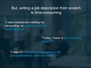 But, writing a job description from scratch
is time-consuming
“I need assistance creating my
job posting, so posting could be
more effective”
“Today, I have to do everything
myself.”
“I need to force [hiring managers] to list
out qualifications, skills and details.”
 