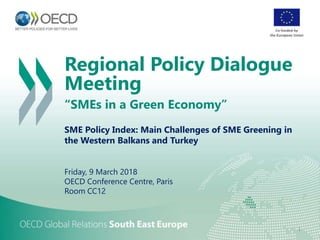 Regional Policy Dialogue
Meeting
“SMEs in a Green Economy”
SME Policy Index: Main Challenges of SME Greening in
the Western Balkans and Turkey
Friday, 9 March 2018
OECD Conference Centre, Paris
Room CC12
Co-funded by
the European Union
1
 