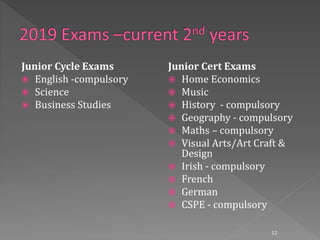 Junior Cycle Exams
 English -compulsory
 Science
 Business Studies
Junior Cert Exams
 Home Economics
 Music
 History - compulsory
 Geography - compulsory
 Maths – compulsory
 Visual Arts/Art Craft &
Design
 Irish - compulsory
 French
 German
 CSPE - compulsory
12
 