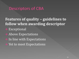 Features of quality – guidelines to
follow when awarding descriptor
 Exceptional
 Above Expectations
 In line with Expectations
 Yet to meet Expectations
22
 