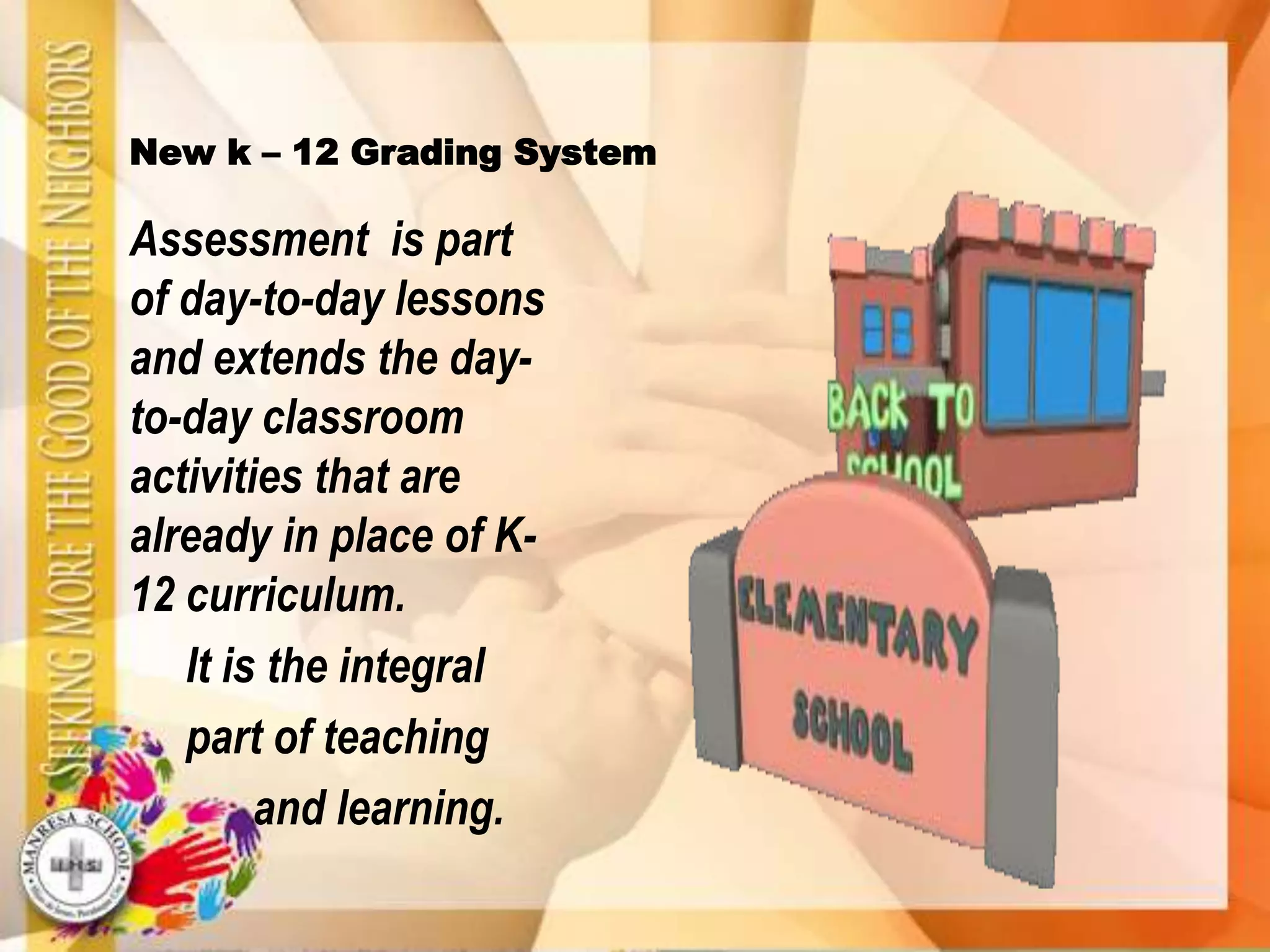 New k – 12 Grading System
Assessment is part
of day-to-day lessons
and extends the day-
to-day classroom
activities that are
already in place of K-
12 curriculum.
It is the integral
part of teaching
and learning.
 