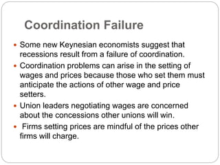 Coordination Failure
 Some new Keynesian economists suggest that
recessions result from a failure of coordination.
 Coordination problems can arise in the setting of
wages and prices because those who set them must
anticipate the actions of other wage and price
setters.
 Union leaders negotiating wages are concerned
about the concessions other unions will win.
 Firms setting prices are mindful of the prices other
firms will charge.
 