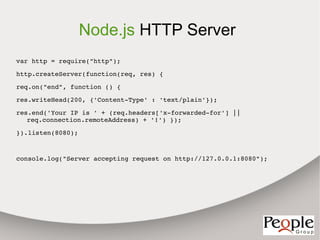 Node.js HTTP Server
var http = require("http");

http.createServer(function(req, res) {

req.on("end", function () {

res.writeHead(200, {'Content­Type' : 'text/plain'});

res.end('Your IP is ' + (req.headers['x­forwarded­for'] || 
   req.connection.remoteAddress) + '!') });

}).listen(8080);



console.log("Server accepting request on http://127.0.0.1:8080");
 