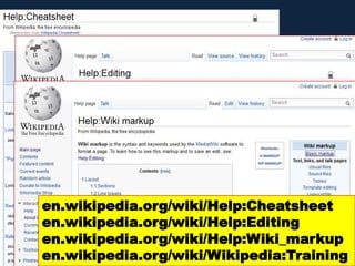 en.wikipedia.org/wiki/Help:Cheatsheet
en.wikipedia.org/wiki/Help:Editing
en.wikipedia.org/wiki/Help:Wiki_markup
en.wikipedia.org/wiki/Wikipedia:Training
 