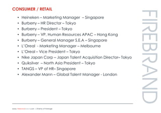 CONSUMER / RETAIL<br />Heineken – Marketing Manager  – Singapore<br />Burberry – HR Director – Tokyo<br />Burberry – Presi...