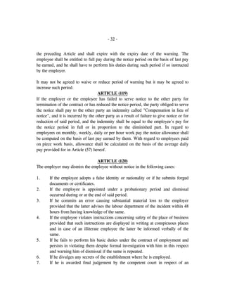 - 32 -
the preceding Article and shall expire with the expiry date of the warning. The
employee shall be entitled to full pay during the notice period on the basis of last pay
he earned, and he shall have to perform his duties during such period if so instructed
by the employer.
It may not be agreed to waive or reduce period of warning but it may be agreed to
increase such period.
ARTICLE (119)
If the employer or the employee has failed to serve notice to the other party for
termination of the contract or has reduced the notice period, the party obliged to serve
the notice shall pay to the other party an indemnity called "Compensation in lieu of
notice", and it is incurred by the other party as a result of failure to give notice or for
reduction of said period, and the indemnity shall be equal to the employee's pay for
the notice period in full or in proportion to the diminished part. In regard to
employees on monthly, weekly, daily or per hour work pay the notice allowance shall
be computed on the basis of last pay earned by them. With regard to employees paid
on piece work basis, allowance shall be calculated on the basis of the average daily
pay provided for in Article (57) hereof.
ARTICLE (120)
The employer may dismiss the employee without notice in the following cases:
1. If the employee adopts a false identity or nationality or if he submits forged
documents or certificates.
2. If the employee is appointed under a probationary period and dismissal
occurred during or at the end of said period.
3. If he commits an error causing substantial material loss to the employer
provided that the latter advises the labour department of the incident within 48
hours from having knowledge of the same.
4. If the employee violates instructions concerning safety of the place of business
provided that such instructions are displayed in writing at conspicuous places
and in case of an illiterate employee the latter be informed verbally of the
same.
5. If he fails to perform his basic duties under the contract of employment and
persists in violating them despite formal investigation with him in this respect
and warning him of dismissal if the same is repeated.
6. If he divulges any secrets of the establishment where he is employed.
7. If he is awarded final judgement by the competent court in respect of an
 