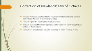 Correction of Newlands’ Law of Octaves.
 The Law of Octaves was found to be very unreliable to classify and compare
elements on the basis of chemical properties.
 Mendeleev(Dimitri) also tried to classify elements.
 This was known as Mendeleev’s periodic table, which was widely accepted as a
system of classifications.
 Mendeleev’s periodic table was later corrected by Henry Moseley in 1913
 