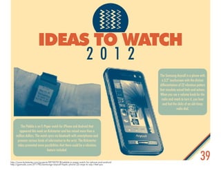 39
ideas to Watch
2 0 1 2
http://www.kickstarter.com/projects/597507018/pebble-e-paper-watch-for-iphone-and-android
http:/...