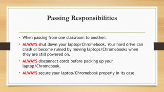 Passing Responsibilities
• When passing from one classroom to another:
• ALWAYS shut down your laptop/Chromebook. Your hard drive can
crash or become ruined by moving laptops/Chromebooks when
they are still powered on.
• ALWAYS disconnect cords before packing up your
laptop/Chromebook.
• ALWAYS secure your laptop/Chromebook properly in its case.
 