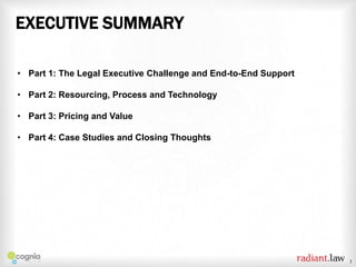 EXECUTIVE SUMMARY
• Part 1: The Legal Executive Challenge and End-to-End Support

• Part 2: Resourcing, Process and Technology
• Part 3: Pricing and Value
• Part 4: Case Studies and Closing Thoughts

3

 