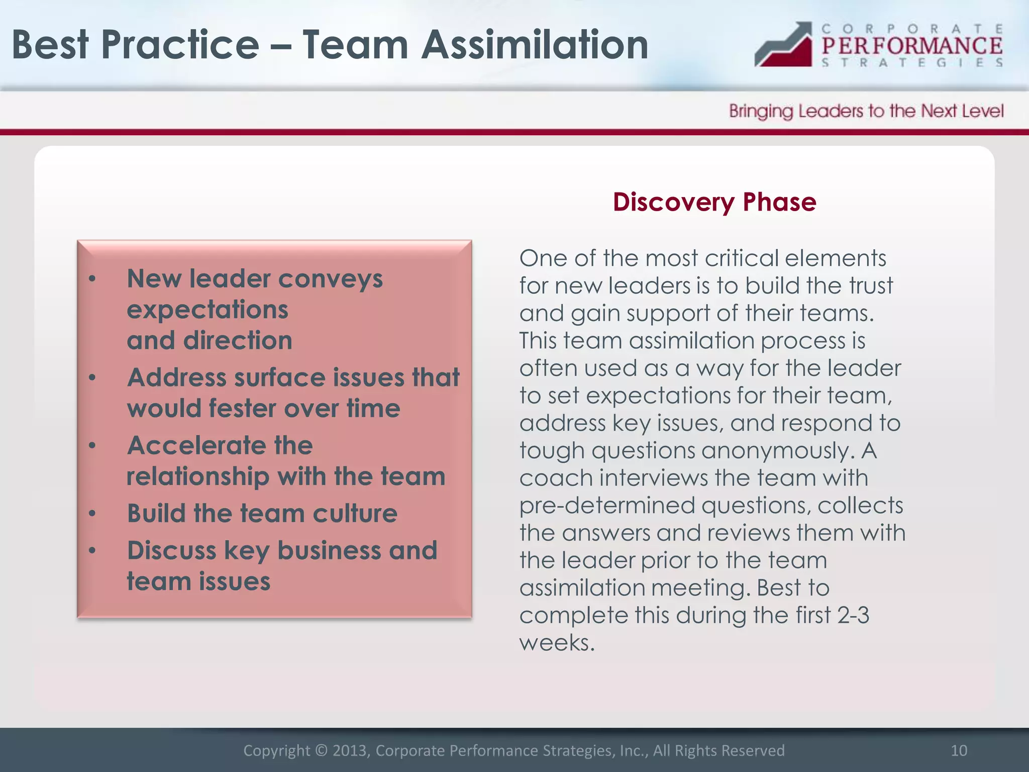 Best Practice – Team Assimilation

Discovery Phase
•

•
•
•
•

New leader conveys
expectations
and direction
Address surface issues that
would fester over time
Accelerate the
relationship with the team
Build the team culture
Discuss key business and
team issues

One of the most critical elements
for new leaders is to build the trust
and gain support of their teams.
This team assimilation process is
often used as a way for the leader
to set expectations for their team,
address key issues, and respond to
tough questions anonymously. A
coach interviews the team with
pre-determined questions, collects
the answers and reviews them with
the leader prior to the team
assimilation meeting. Best to
complete this during the first 2-3
weeks.

Copyright © 2013, Corporate Performance Strategies, Inc., All Rights Reserved

10

 