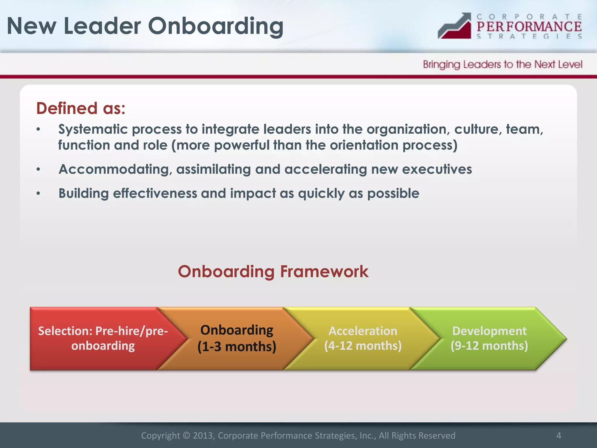 New Leader Onboarding

Defined as:
•

Systematic process to integrate leaders into the organization, culture, team,
function and role (more powerful than the orientation process)

•

Accommodating, assimilating and accelerating new executives

•

Building effectiveness and impact as quickly as possible

Onboarding Framework

Selection: Pre-hire/preonboarding

Onboarding
(1-3 months)

Acceleration
(4-12 months)

Development
(9-12 months)

Copyright © 2013, Corporate Performance Strategies, Inc., All Rights Reserved

4

 