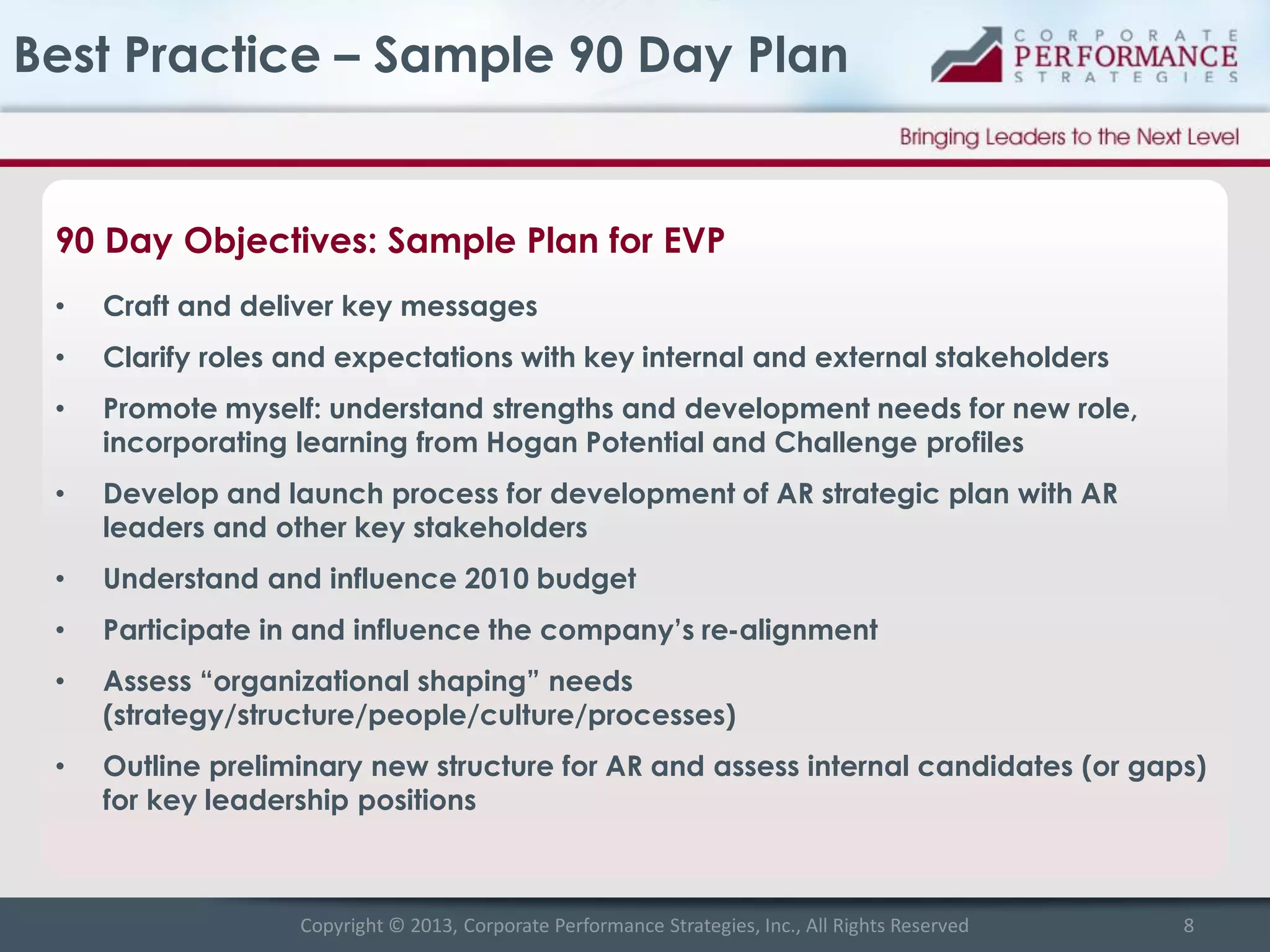 Best Practice – Sample 90 Day Plan

90 Day Objectives: Sample Plan for EVP
•

Craft and deliver key messages

•

Clarify roles and expectations with key internal and external stakeholders

•

Promote myself: understand strengths and development needs for new role,
incorporating learning from Hogan Potential and Challenge profiles

•

Develop and launch process for development of AR strategic plan with AR
leaders and other key stakeholders

•

Understand and influence 2010 budget

•

Participate in and influence the company’s re-alignment

•

Assess “organizational shaping” needs
(strategy/structure/people/culture/processes)

•

Outline preliminary new structure for AR and assess internal candidates (or gaps)
for key leadership positions

Copyright © 2013, Corporate Performance Strategies, Inc., All Rights Reserved

8

 