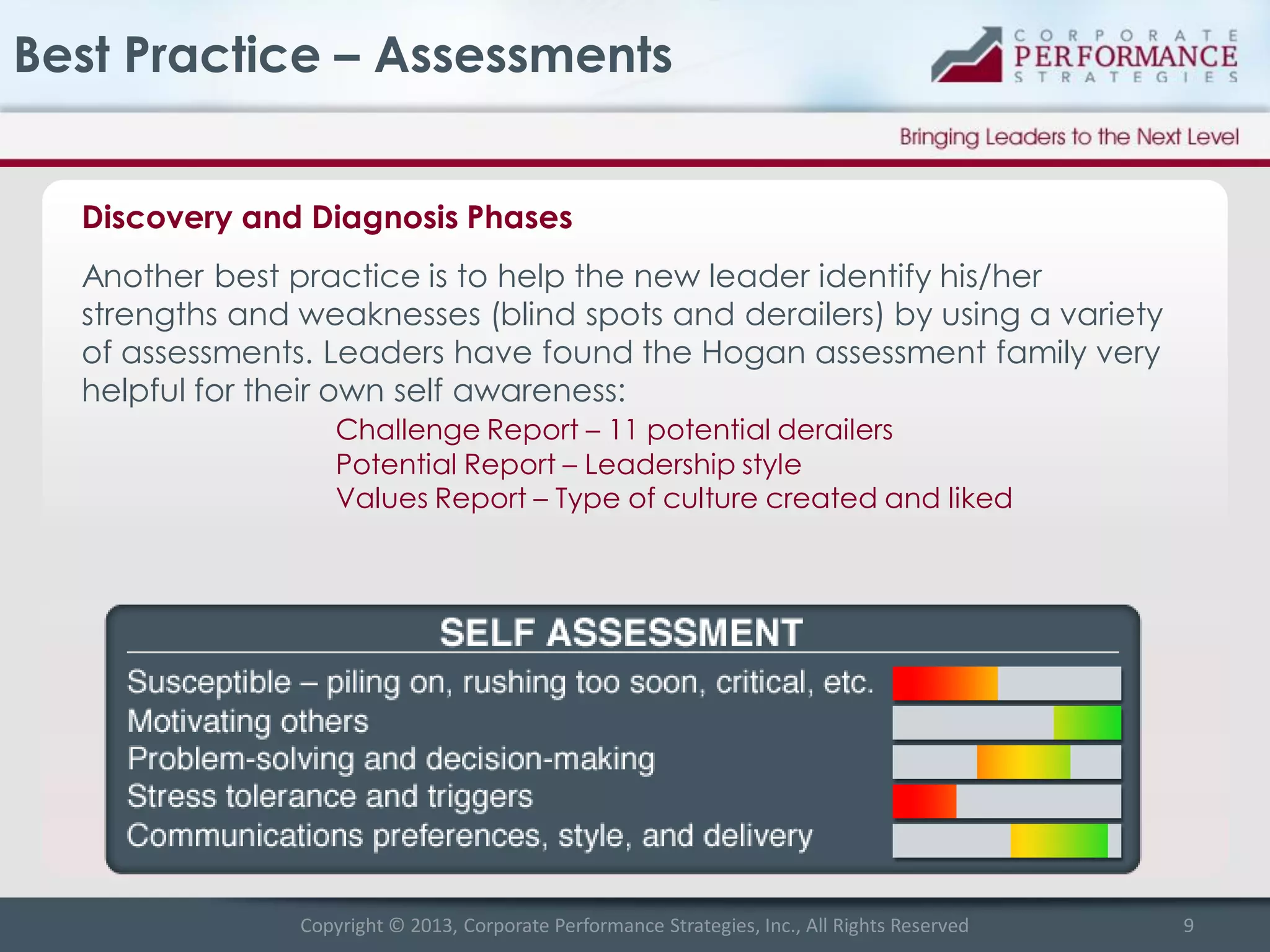 Best Practice – Assessments
Discovery and Diagnosis Phases
Another best practice is to help the new leader identify his/her
strengths and weaknesses (blind spots and derailers) by using a variety
of assessments. Leaders have found the Hogan assessment family very
helpful for their own self awareness:
Challenge Report – 11 potential derailers
Potential Report – Leadership style
Values Report – Type of culture created and liked

Copyright © 2013, Corporate Performance Strategies, Inc., All Rights Reserved

9

 
