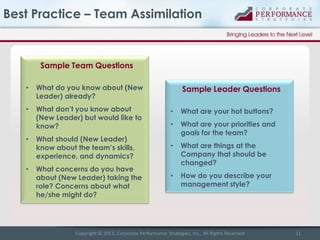 Best Practice – Team Assimilation

Sample Team Questions
•

What do you know about (New
Leader) already?

•

What don’t yo...
