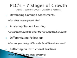Developing Common Assessments What does mastery look like? Analyzing Student Learning Are students learning what they’re supposed to learn? Differentiating Follow-up What are you doing differently for different learners? Reflecting on Instructional Practices Which practices are most effective? 