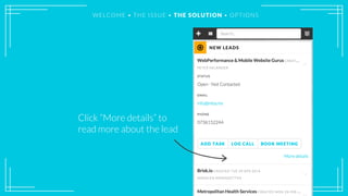 WELCOME • THE ISSUE • THE SOLUTION • OPTIONS
Click “More details” to
read more about the lead
 