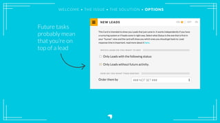WELCOME • THE ISSUE • THE SOLUTION • OPTIONS
Future tasks
probably mean
that you’re on
top of a lead
 
