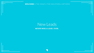 New Leads
NEVER MISS A LEAD. EVER.
WELCOME • THE ISSUE • THE SOLUTION • OPTIONS
 