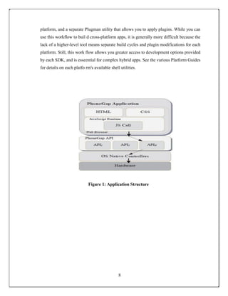 platform, and a separate Plugman utility that allows you to apply plugins. While you can
use this workflow to buil d cross-platform apps, it is generally more difficult because the
lack of a higher-level tool means separate build cycles and plugin modifications for each
platform. Still, this work flow allows you greater access to development options provided
by each SDK, and is esseential for complex hybrid apps. See the various Platform Guides
for details on each platfo rm's available shell utilities.
Figure 1: Application Structure
8
 