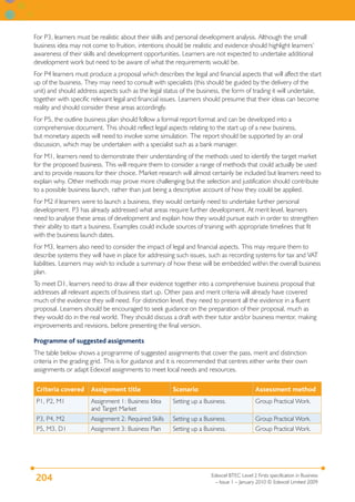 For P3, learners must be realistic about their skills and personal development analysis. Although the small
business idea may not come to fruition, intentions should be realistic and evidence should highlight learners’
awareness of their skills and development opportunities. Learners are not expected to undertake additional
development work but need to be aware of what the requirements would be.
For P4 learners must produce a proposal which describes the legal and financial aspects that will affect the start
up of the business. They may need to consult with specialists (this should be guided by the delivery of the
unit) and should address aspects such as the legal status of the business, the form of trading it will undertake,
together with specific relevant legal and financial issues. Learners should presume that their ideas can become
reality and should consider these areas accordingly.
For P5, the outline business plan should follow a formal report format and can be developed into a
comprehensive document. This should reflect legal aspects relating to the start up of a new business,
but monetary aspects will need to involve some simulation. The report should be supported by an oral
discussion, which may be undertaken with a specialist such as a bank manager.
For M1, learners need to demonstrate their understanding of the methods used to identify the target market
for the proposed business. This will require them to consider a range of methods that could actually be used
and to provide reasons for their choice. Market research will almost certainly be included but learners need to
explain why. Other methods may prove more challenging but the selection and justification should contribute
to a possible business launch, rather than just being a descriptive account of how they could be applied.
For M2 if learners were to launch a business, they would certainly need to undertake further personal
development. P3 has already addressed what areas require further development. At merit level, learners
need to analyse these areas of development and explain how they would pursue each in order to strengthen
their ability to start a business. Examples could include sources of training with appropriate timelines that fit
with the business launch dates.
For M3, learners also need to consider the impact of legal and financial aspects. This may require them to
describe systems they will have in place for addressing such issues, such as recording systems for tax and VAT
liabilities. Learners may wish to include a summary of how these will be embedded within the overall business
plan.
To meet D1, learners need to draw all their evidence together into a comprehensive business proposal that
addresses all relevant aspects of business start up. Other pass and merit criteria will already have covered
much of the evidence they will need. For distinction level, they need to present all the evidence in a fluent
proposal. Learners should be encouraged to seek guidance on the preparation of their proposal, much as
they would do in the real world. They should discuss a draft with their tutor and/or business mentor, making
improvements and revisions, before presenting the final version.

Programme of suggested assignments
The table below shows a programme of suggested assignments that cover the pass, merit and distinction
criteria in the grading grid. This is for guidance and it is recommended that centres either write their own
assignments or adapt Edexcel assignments to meet local needs and resources.

 Criteria covered     Assignment title                 Scenario                            Assessment method
 P1, P2, M1           Assignment 1: Business Idea      Setting up a Business.              Group Practical Work.
                      and Target Market
 P3, P4, M2           Assignment 2: Required Skills    Setting up a Business.              Group Practical Work.
 P5, M3, D1           Assignment 3: Business Plan      Setting up a Business.              Group Practical Work.




                                                                      Edexcel BTEC Level 2 Firsts specification in Business
204                                                                     – Issue 1 – January 2010 © Edexcel Limited 2009
 