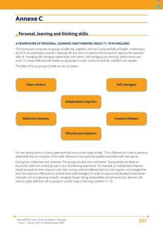 Annexe C

  Personal, learning and thinking skills

A FRAMEWORK OF PERSONAL, LEARNING AND THINKING SKILLS 11-19 IN ENGLAND
The framework comprises six groups of skills that, together with the Functional Skills of English, mathematics
and ICT, are essential to success in learning, life and work. In essence the framework captures the essential
skills of: managing self; managing relationships with others; and managing own learning, performance and
work. It is these skills that will enable young people to enter work and adult life confident and capable.
The titles of the six groups of skills are set out below.




          Team workers                                                                 Self-managers




                                                     Independent enquirers




       Reﬂective learners                                                            Creative thinkers



                                                     Effective participators




For each group there is a focus statement that sums up the range of skills. This is followed by a set of outcome
statements that are indicative of the skills, behaviours and personal qualities associated with each group.
Each group is distinctive and coherent. The groups are also inter-connected. Young people are likely to
encounter skills from several groups in any one learning experience. For example an independent enquirer
would set goals for their research with clear success criteria (reflective learner) and organise and manage their
time and resources effectively to achieve these (self-manager). In order to acquire and develop fundamental
concepts such as organising oneself, managing change, taking responsibility and perseverance, learners will
need to apply skills from all six groups in a wide range of learning contexts 11–19.




 Edexcel BTEC Level 2 Firsts specification in Business
 – Issue 1 – January 2010 © Edexcel Limited 2009
                                                                                                          297
 