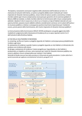 9
“4. Qualora, nonostante conclusioni negative della valutazione dell'incidenza sul sito e in
mancanza di soluzioni alternative, un piano o progetto debba essere realizzato per motivi
imperativi di rilevante interesse pubblico, inclusi motivi di natura sociale o economica, lo Stato
membro adotta ogni misura compensativa necessaria per garantire che la coerenza globale di
Natura 2000 sia tutelata. Lo Stato membro informa la Commissione delle misure compensative
adottate. Qualora il sito in causa sia un sito in cui si trovano un tipo di habitat naturale e/o una
specie prioritari, possono essere addotte soltanto considerazioni connesse con la salute dell'uomo e
la sicurezza pubblica o relative a conseguenze positive di primaria importanza per l'ambiente
ovvero, previo parere della Commissione, altri motivi imperativi di rilevante interesse pubblico”.
La Comunicazione della Commissione 2021/C 437/01 predispone una guida aggiornata delle
modalità di svolgimento della Valutazione di Incidenza di cui ai sopra riportati commi 3 e 4
dell’articolo 6 della Direttiva Habitat.
LE FASI DELLA VALUTAZIONE DI INCIDENZA
1. screening: verifica se il piano o progetto riguarda siti Habitat o comunque possa probabilmente
incidere sugli stessi
2. valutazione di incidenza: quando il piano o progetto riguarda un sito Habitat o è dimostrato che
produca una incidenza sullo stesso
3. deroga a valutazione di incidenza: il piano progetto pur riguardando un sito habitat o
producendo un impatto su di esso, sono necessari per motivi di rilevante interesse pubblico ma
occorre adottare misure compensative per tutelare il sito habitat.
Secondo la Guida ciascuna fase della procedura è influenzata da quella precedente. L'ordine delle fasi è
quindi essenziale per applicare correttamente l'articolo 6, paragrafi 3 e 4.
 