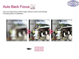 Auto Back Focus
User can adjust focus of HD images without a hitch automatically,
increasing ease of installation.
LW332/LW335
LW342/LW345
LW352/LW355
 