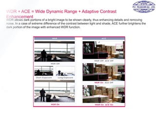 WDR + ACE = Wide Dynamic Range + Adaptive Contrast
Enhancement
WDR allows dark portions of a bright image to be shown clearly, thus enhancing details and removing
noise. In a case of extreme difference of the contrast between light and shade, ACE further brightens the
dark portion of the image with enhanced WDR function.
 