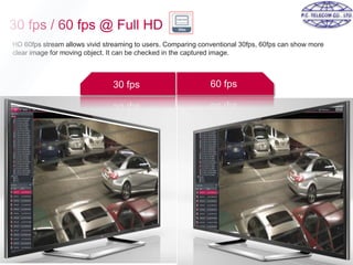 30 fps / 60 fps @ Full HD
30 fps 60 fps
HD 60fps stream allows vivid streaming to users. Comparing conventional 30fps, 60fps can show more
clear image for moving object. It can be checked in the captured image.
 