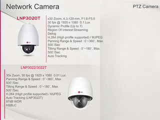 Network Camera PTZ Camera
x30 Zoom, 4.3-129 mm, F1.6-F5.0
30 fps @ 1920 x 1080 0.1 Lux
Dynamic Profile (Up to 7)
Region Of Interest Streaming
Defog
H.264 (High profile supported) / MJPEG
Panning Range & Speed : 0˚~360˚, Max.
500˚/Sec
Tilting Range & Speed : 0˚~180˚, Max.
500˚/Sec
Auto Tracking
30x Zoom, 30 fps @ 1920 x 1080 0.01 Lux
Panning Range & Speed : 0˚~360˚, Max
500˚/Sec
Tilting Range & Speed : 0˚~180˚, Max
500˚/Sec
H.264 (High profile supported) / MJPEG
Auto Tracking (LNP3022T)
97dB WDR
HSBLC
LNP3022/3022T
 