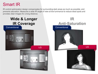 Conventional
LG
Conventional
LG
IR
Anti-Saturation
Wide & Longer
IR Coverage
Smart IR
IR control optimization design compensates for surrounding dark areas as much as possible, and
prevents saturation. Measures a wide IR angle of view at low luminance to reduce dead spots and
provides clear images for a long distance.
 