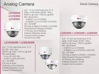Analog Camera Dome Camera
2.8 ~ 11 mm Vari-focal Lens, F1.2
520k / 610k Pixels (NTSC / PAL)
650TVL @ Color / 700TVL @ B/W
Min. Illumination
- 0.00001 Lux (LCV5500)
- 0.000001 Lux (LCV5300, LCV5100)
2D + 3D DNR
ICR Day & Night (LCV5500, LCV5300)
Wide Dynamic Range(LCV5500)
14 Privacy Zone Masking
8 Motion Detection Zones
Coaxial Communication
Vandal Proof, IP66 2.8 ~ 11 mm Vari-focal Lens, F1.2
520k / 610k Pixels (NTSC / PAL)
650TVL @ Color / 700TVL @ B/W
Min. Illumination
- 0.00001 Lux (LCD5500)
- 0.000001 Lux (LCD5300, LCD5100)
2D + 3D DNR
ICR Day & Night (LCD5500, LCD5300)
Wide Dynamic Range(LCD5500)
14 Privacy Zone Masking
8 Motion Detection Zones
Coaxial Communication
2.8 ~ 11 mm Vari-focal Lens, F1.2
IR LED : 20m, 8ea
650TVL @ Color / 700TVL @ B/W
Min Illumination
- 0 Lux (IR LED ON)
- 0.0001 Lux(IR LED OFF)
2D + 3D DNR
ICR Day & Night
14 Privacy Zone Masking
8 Motion Detection Zones
Coaxial Communication
 