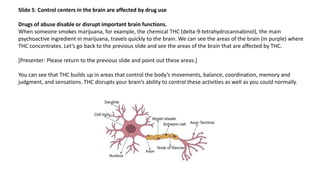 Slide 5: Control centers in the brain are affected by drug use
Drugs of abuse disable or disrupt important brain functions...