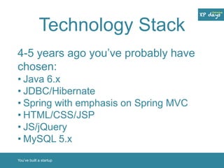 Technology Stack 
4-5 years ago you’ve probably have 
chosen: 
• Java 6.x 
• JDBC/Hibernate 
• Spring with emphasis on Spring MVC 
• HTML/CSS/JSP 
• JS/jQuery 
• MySQL 5.x 
You’ve built a startup 
 