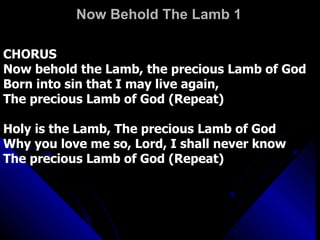 Now Behold The Lamb 1 CHORUS  Now behold the Lamb, the precious Lamb of God  Born into sin that I may live again,  The precious Lamb of God (Repeat)  Holy is the Lamb, The precious Lamb of God  Why you love me so, Lord, I shall never know  The precious Lamb of God (Repeat)  