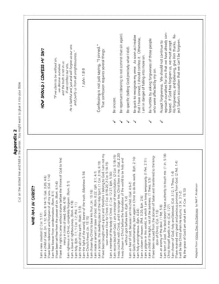 Appendix 2
                                           Cut on the dotted line and fold in the center. You might want to glue it into your Bible



                         WHO AM I IN CHRIST?

I am a new creation (2 Cor. 5:17)
                                                                                                               HOW SHOULD I CONFESS MY SIN?
I am a child of God. (Jn. 1:12; Rom. 8:14-15; Gal. 3:26; 4:6)
I have been redeemed and forgiven of all my sins. (Col. 1:14)
I am free forever from condemnation. (Rom. 8:1)
I have been set free from the power of sin. (Rom. 6:1-6)                                                               “If we claim to be without sin,
I have the right to come without shame before the throne of God to find                                                      we deceive ourselves
            mercy in times of need. (Heb. 4:16)                                                                           and the truth is not in us.
I am righteous in Christ, completely forgiven. (Rom. 5:1)                                                                   If we confess our sins,
I am a slave of righteousness. (Rom. 6:18)                                                                   He is faithful and just and will forgive us our sins
I am holy. (Eph. 1:1; 1 Cor. 1:2; Phil. 1:1)                                                                     and purify us from all unrighteousness.”
I am the salt of the earth. (Matt. 5:13)
I am the light of the world, bearer of the truth. (Matthew 5:14)                                                               1 John 1:8-9
I am Christ’s friend. (Jn. 15:15)
I am chosen by Christ to bear His fruit. (Jn. 15:16)
I am made a servant or slave of God. (Rom. 6:22; Eph. 3:1; 4:1)
I am a temple, the dwelling place of the Holy Spirit. (1 Cor. 3:16; 6:19)                                   Confessing is not just saying, “I sinned.”
I have been bought with a price and therefore I belong to God. I am not my                                      True confession requires several things:
            own master. I live for Christ. (1 Cor. 6:19-20; 2 Cor. 5:14-15)
I am a member of the body of Christ. (1 Cor. 12:27; Eph. 5:30)
I am reconciled with God. I am a minister of reconciliation. (2 Cor. 5:18-19)                        ✓      Be sincere.
I was crucified with Christ, and I no longer live; Christ lives in me. (Gal. 2:20)
I was chosen in Christ before the foundation of the world to be holy and                             ✓      Be repentant (desiring to not commit that sin again).
            without spot before Him. (Eph. 1:4)
                                                                                                     ✓      Be specific (telling God precisely what I did).
I am an heir of God, because I am His child. (Gal. 4:6-7)
I am God’s workmanship, born again in Christ to do His work. (Eph. 2:10)                             ✓      Be quick to recognize my error. As soon as I realize
I am holy and righteous. (Eph. 4:24)                                                                        that I have sinned, I should confess it. Otherwise,
I am a citizen of heaven. (Phil. 3:20; Eph. 2:6)
                                                                                                            I am in danger of falling into more sin.
I am a pilgrim in this world, in which I am living temporarily. (1 Pet. 2:11)
I am a child of the light, not of the darkness. (1 Thess. 5:5)                                       ✓      Be humble by asking forgiveness of those people
I have been rescued from the domain of Satan and transferred to the king-                                   who were affected by my sin.
            dom of Christ. (Col. 1:13)
I am an enemy of the devil. (1 Pet. 5:8)                                                             ✓      Accept forgiveness. We should not continue to
I am born of God. The devil doesn’t have authority to touch me. (1 Jn. 5:18)                                reproach ourselves for sins that we have already con-
Christ Himself dwells in me. (Col. 1:27)                                                                    fessed. If God has forgiven us, we must accept
I am chosen of God, holy and beloved. (Col. 3:12; 1 Thess. 1:4)
                                                                                                            His forgiveness, and believing, give Him thanks. Re-
I have received very great and precious promises from God. (2 Pet. 1:4)
I will be like Christ when He returns. (1 Jn. 3:1-2)
                                                                                                            ject Satan’s accusation that we can’t be forgiven.
By the grace of God I am what I am. (1 Cor. 15:10)


Adapted from Victory Over the Darkness by Neil T. Anderson
 