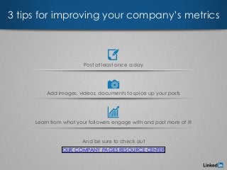 3 tips for improving your company’s metrics
Post at least once a day
Add images, videos, documents to spice up your posts
...