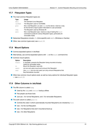 Linux System Administration                                       Module 17. Control Filesystem Mounting and Unmounting


17.7     Filesystem Types
   s The most common ﬁlesystem types are:
          Type          Usage
          ext2          The standard Linux ﬁlesystem
          iso9660       The ﬁlesystem used on CD-ROMs
          proc          Not a real ﬁlesystem, so uses none as the device. Used as a way
                        for the kernel to report system information to user processes
          vfat          The ﬁlesystem used by Windows 95
          auto          Not a real ﬁlesystem type. Used as a way of asking the mount
                        command to probe for various ﬁlesystem types, particularly for
                        removable media
   s Networked ﬁlesystems include nfs (Unix-speciﬁc) and smbfs (Windows or Samba)
   s Other, less common types exist; see mount(8)


17.8     Mount Options
   s Comma-separated options in /etc/fstab
   s Alternatively, use comma-separated options with -o on the mount command line
   s Common mount options:
          Option       Description
          noauto       In /etc/fstab, prevents the ﬁlesystem being mounted at bootup.
                       Useful for removable media
          ro           Mount the ﬁlesystem read-only
          users        Let non-root users mount and unmount this ﬁlesystem
          user         Like users, but non-root users can only unmount ﬁlesystems that
                       they themselves mounted

   s Other less common mount options exist, as well as many options for individual ﬁlesystem types
     — see mount(8)



17.9 Other Columns in /etc/fstab
   s The ﬁfth column is called dump
         q Used by the dump and restore backup utilities
         q Few people use those tools
         q Just use 1 for normal ﬁlesystems, and 0 for removable ﬁlesystems
   s The sixth column is called pass-no
         q Controls the order in which automatically-mounted ﬁlesystems are checked by fsck
         q Use 1 for the root ﬁlesystem
         q Use 0 for ﬁlesystems that aren’t mounted at boot-up
         q Use 2 for other ﬁlesystems




Copyright © 2004 GBdirect Ltd. http://training.gbdirect.co.uk/                                                      81
 